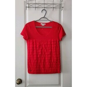 LACOSTE Women's Blouse Red Ruffled Short Sleeves 100% Cotton T-Shirt Sz 36 Small
